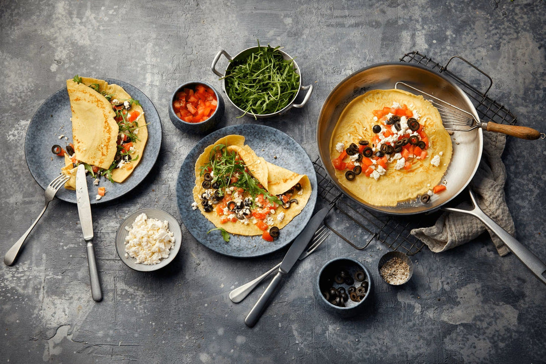 Rezept des Tages: Gefüllte Pfannkuchen mit Feta, Rucola und Tomaten