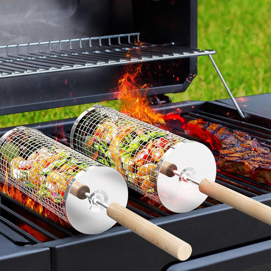 Ivtivfu Nestendes Rollendes Grillkorb Set, Abnehmbarer Holzgriff, Edelstahl 304, Grill Zubehör für Gemüse Garnelen, Outdoor Camping Gasgrill, Geschenke für Männer Papa Ehemann Vatertag